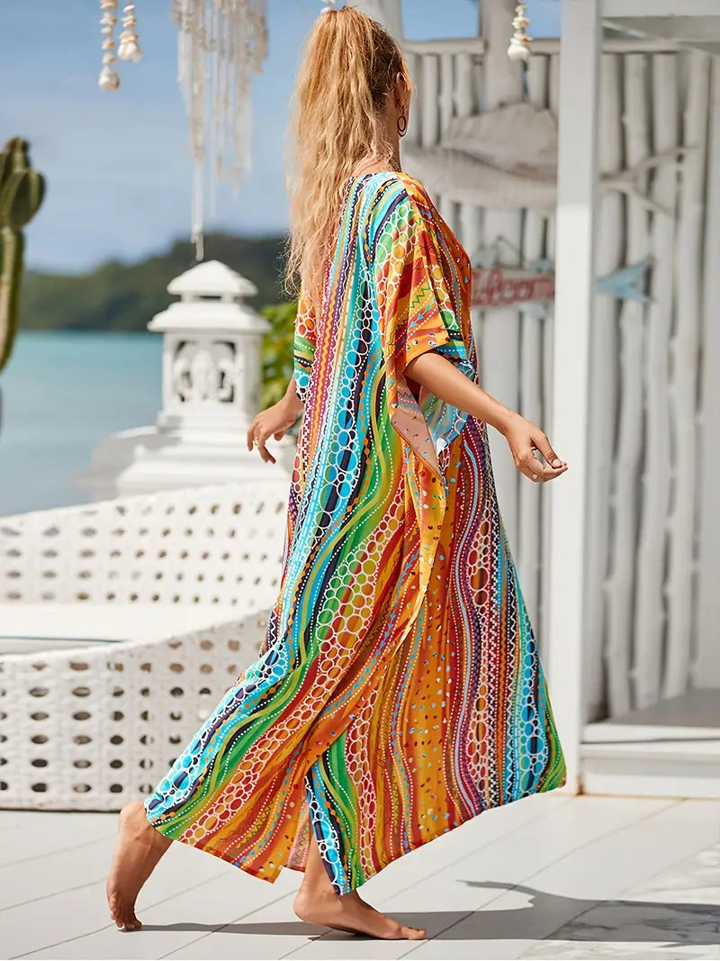 Colorful Striped V Neck Dolman Sleeve Maxi Dress