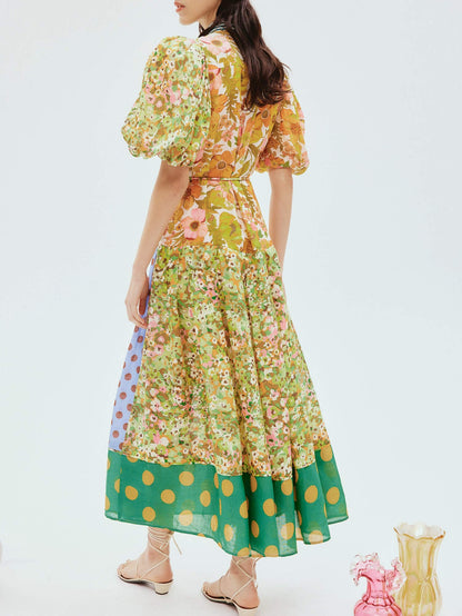 Exquisite Retro Floral Print Graceful Puff Sleeve Midi Dress