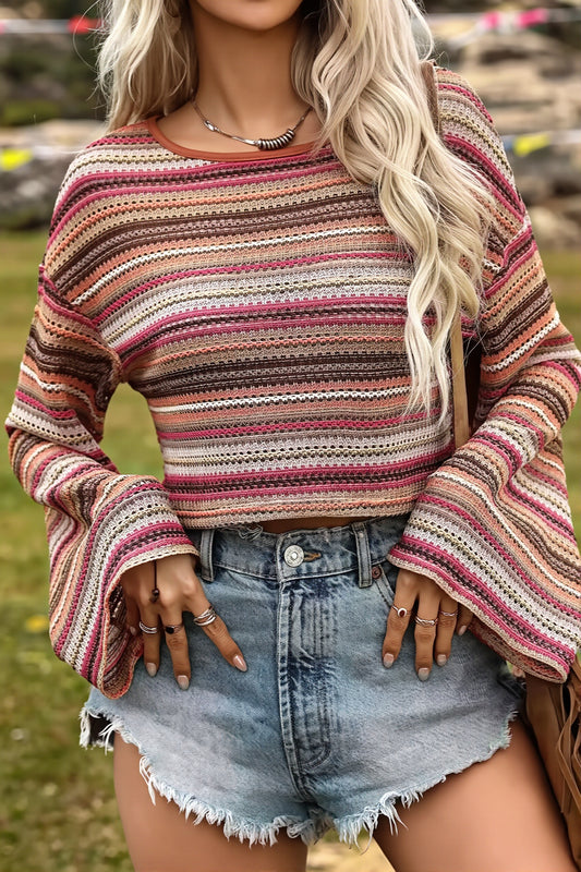 Sheer Striped Bell Sleeve Cropped Top