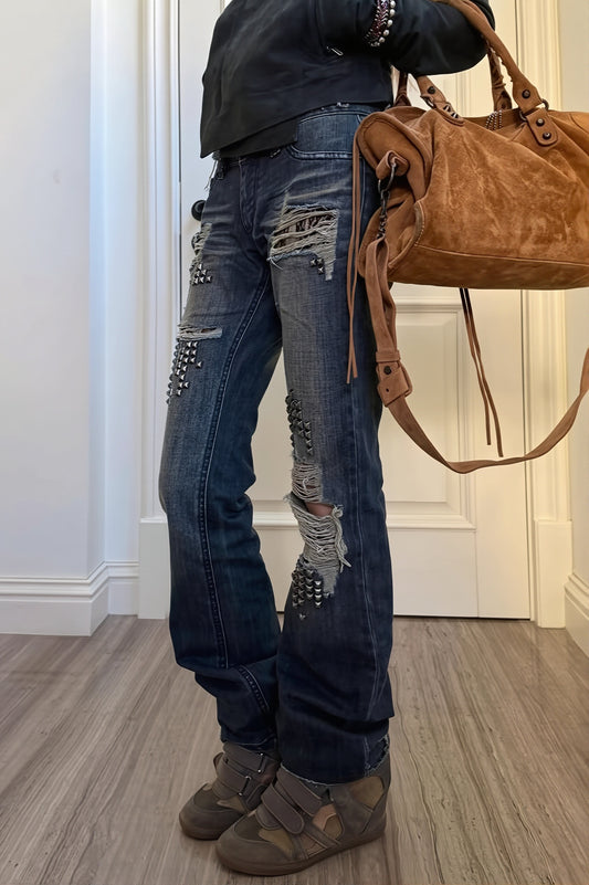 Studded Distressed Mid Rise Flare Jeans
