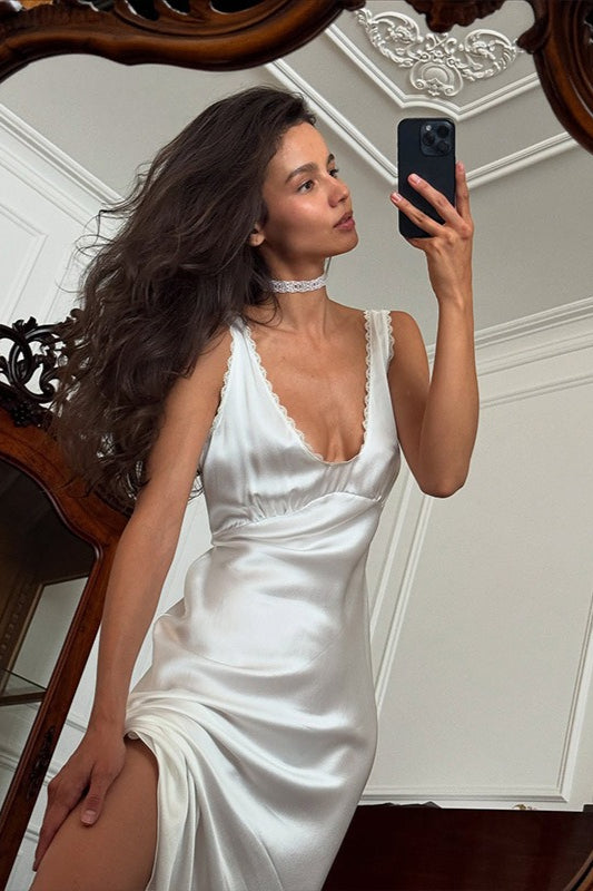 Lace Satin Backless V-Neck Sleeveless Dress