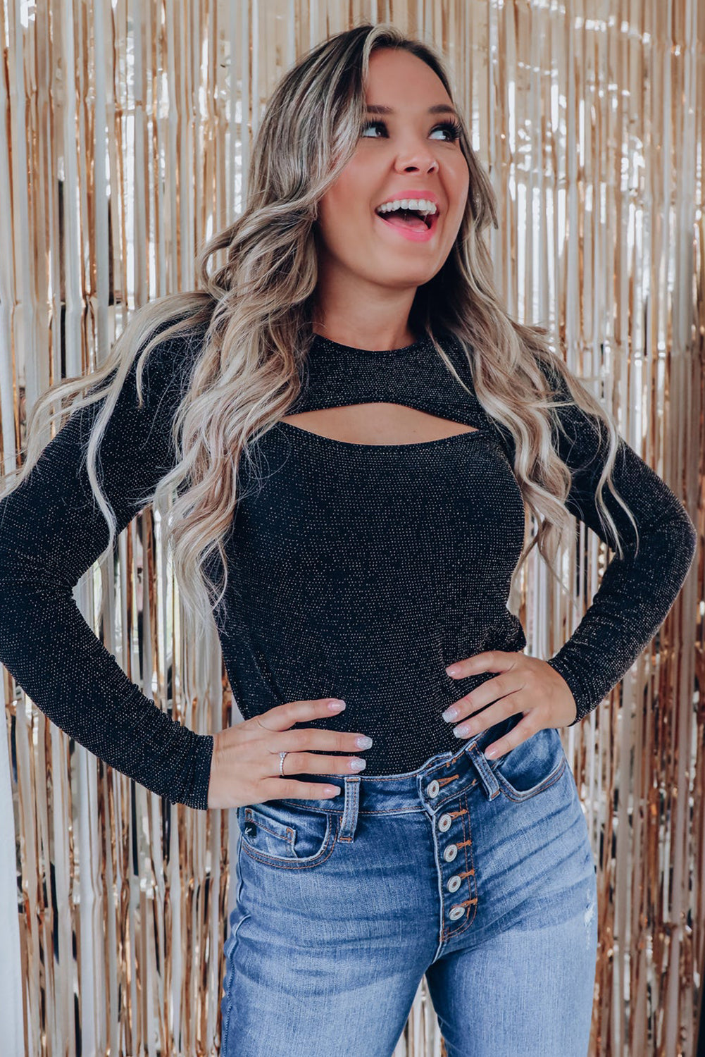 Arm Out In Top Long Metallic Cut Sparkle Black Tops