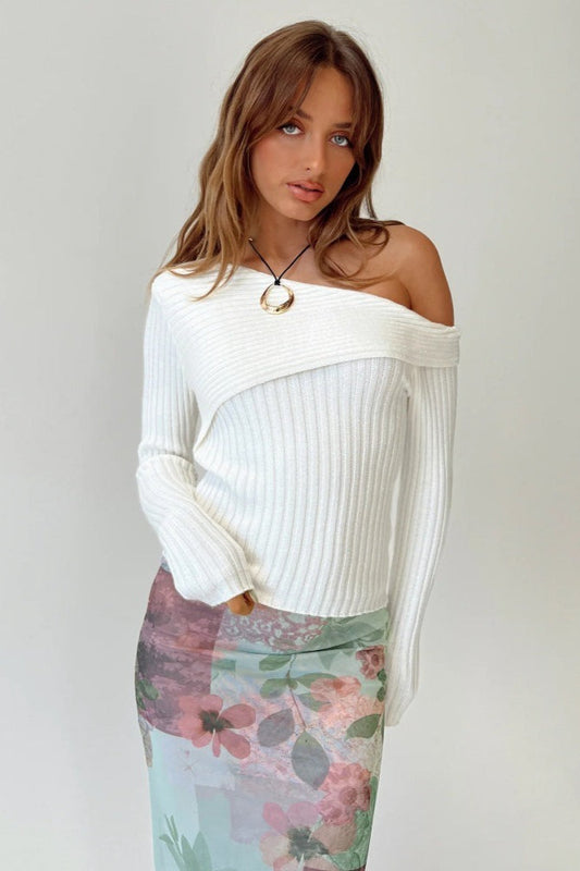 Fitted French Off-Shoulder Collar Rib-Knit Top