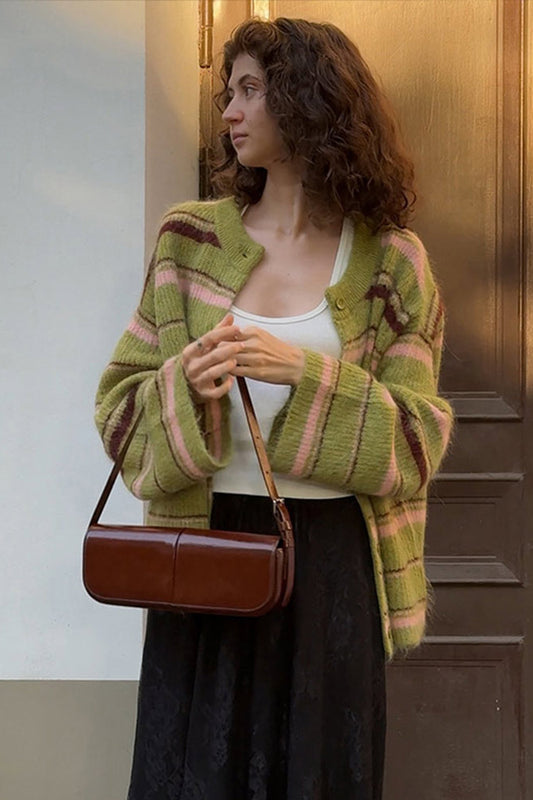 Striped Color Block Knit Loose Cardigan