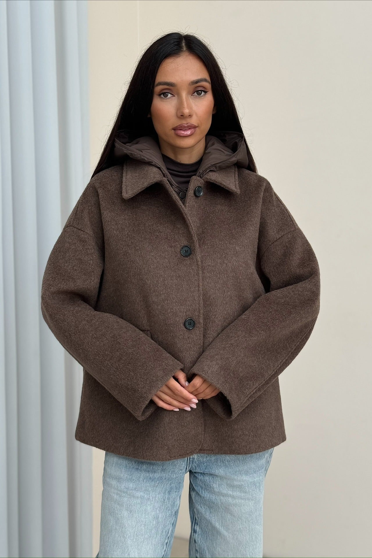 Notch Lapel Relaxed Fit Wool Blend Coat Brown / S