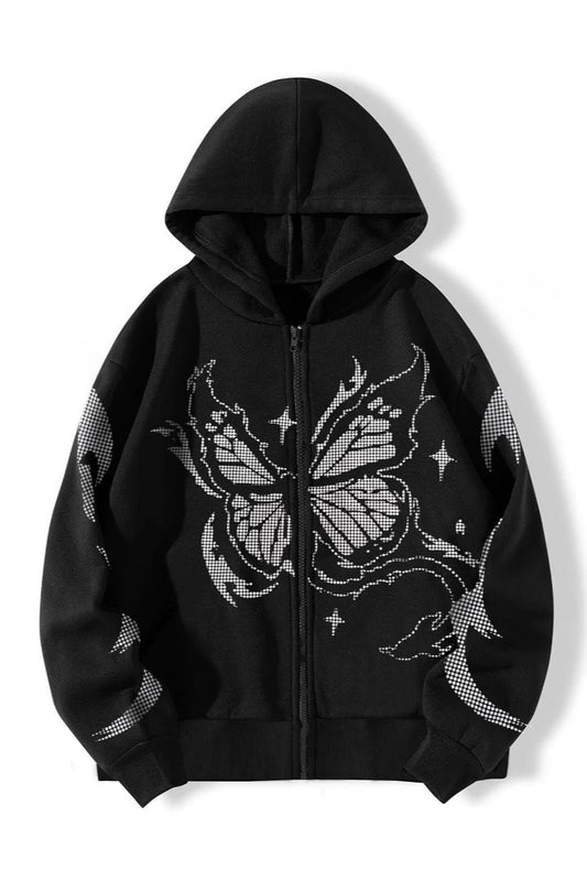 Butterfly Print Black Zip Hoodie