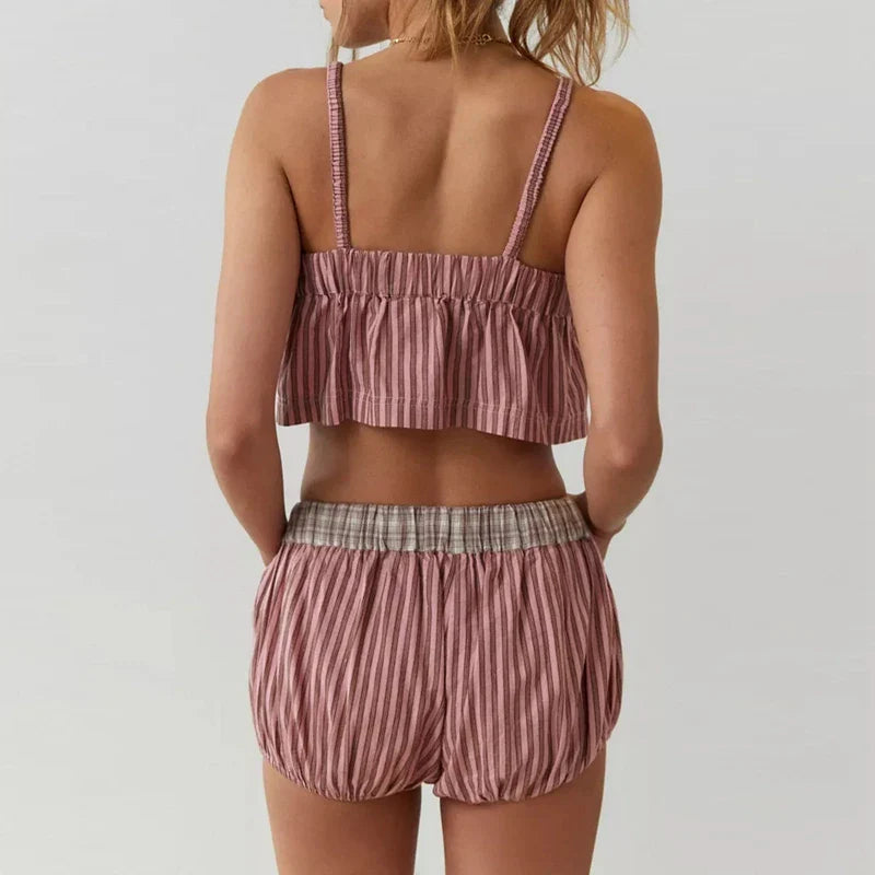 Retro Kawaii Plaid Patchwork Camis Crop Top Shorts Two Pieces Set twopiecesset-250126