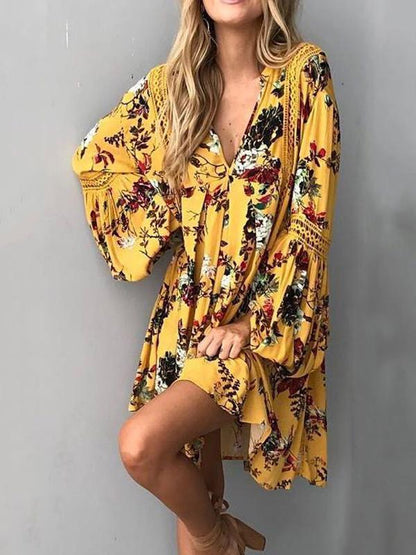 Yellow Floral Mini Dress with Flared Sleeves and V-Neck