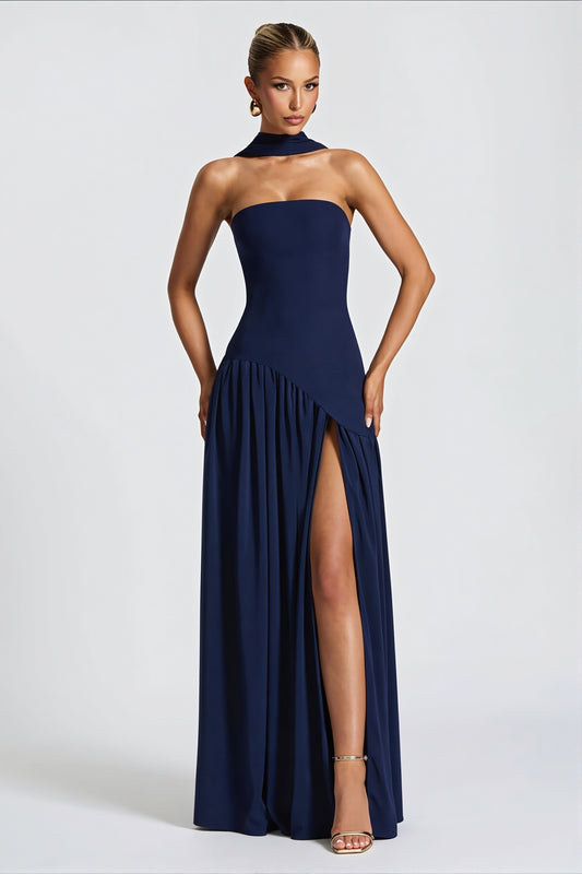 Strapless Scarf Detail Slit Maxi Dress
