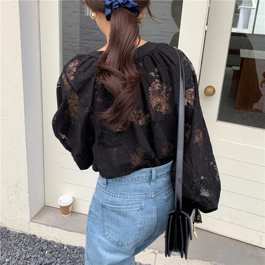 Carved Lantern Long Sleeve Lace Blouse Blusas blouse-250126