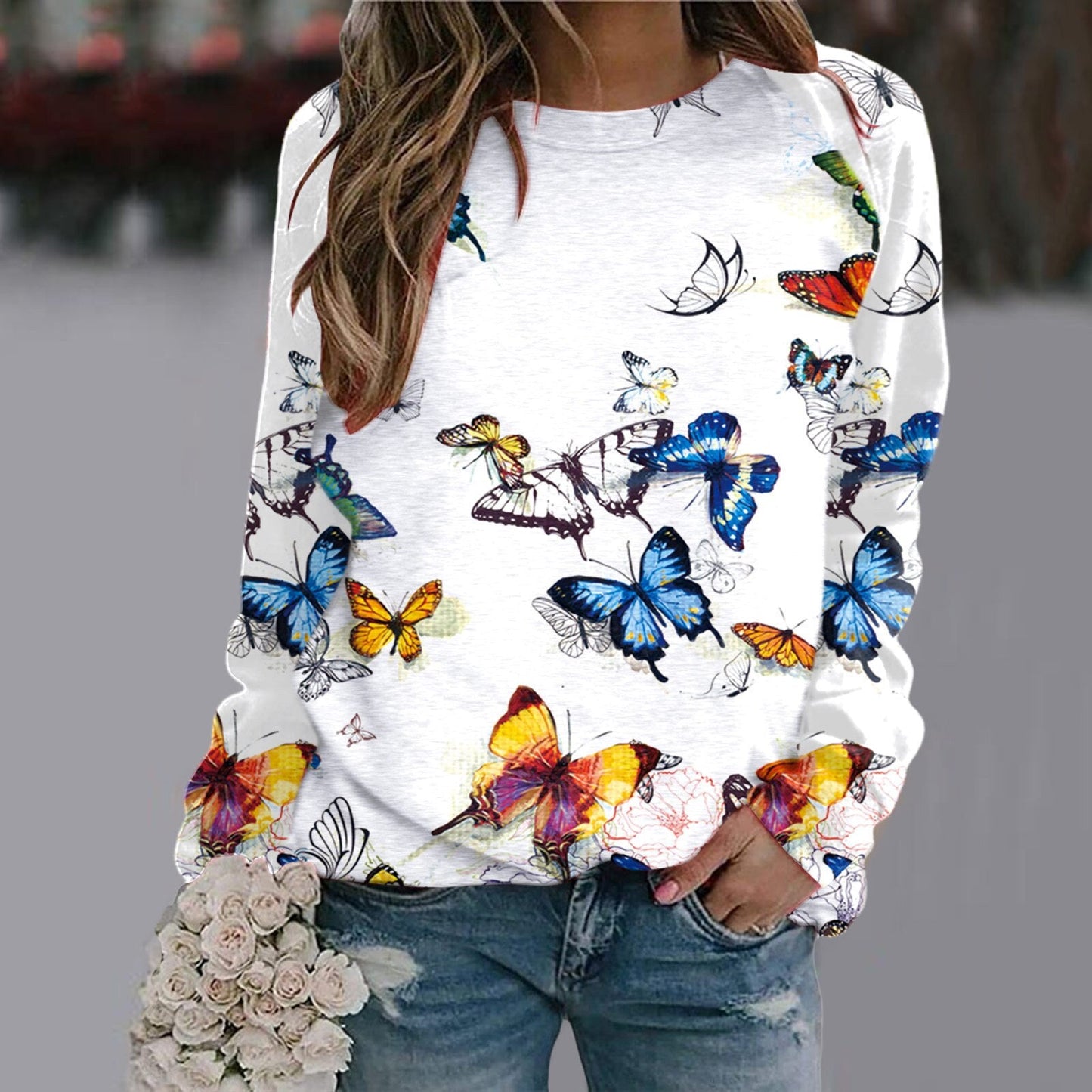 Sequins Butterfly 3d Printed O Neck Long Sleeve Sweatshirt