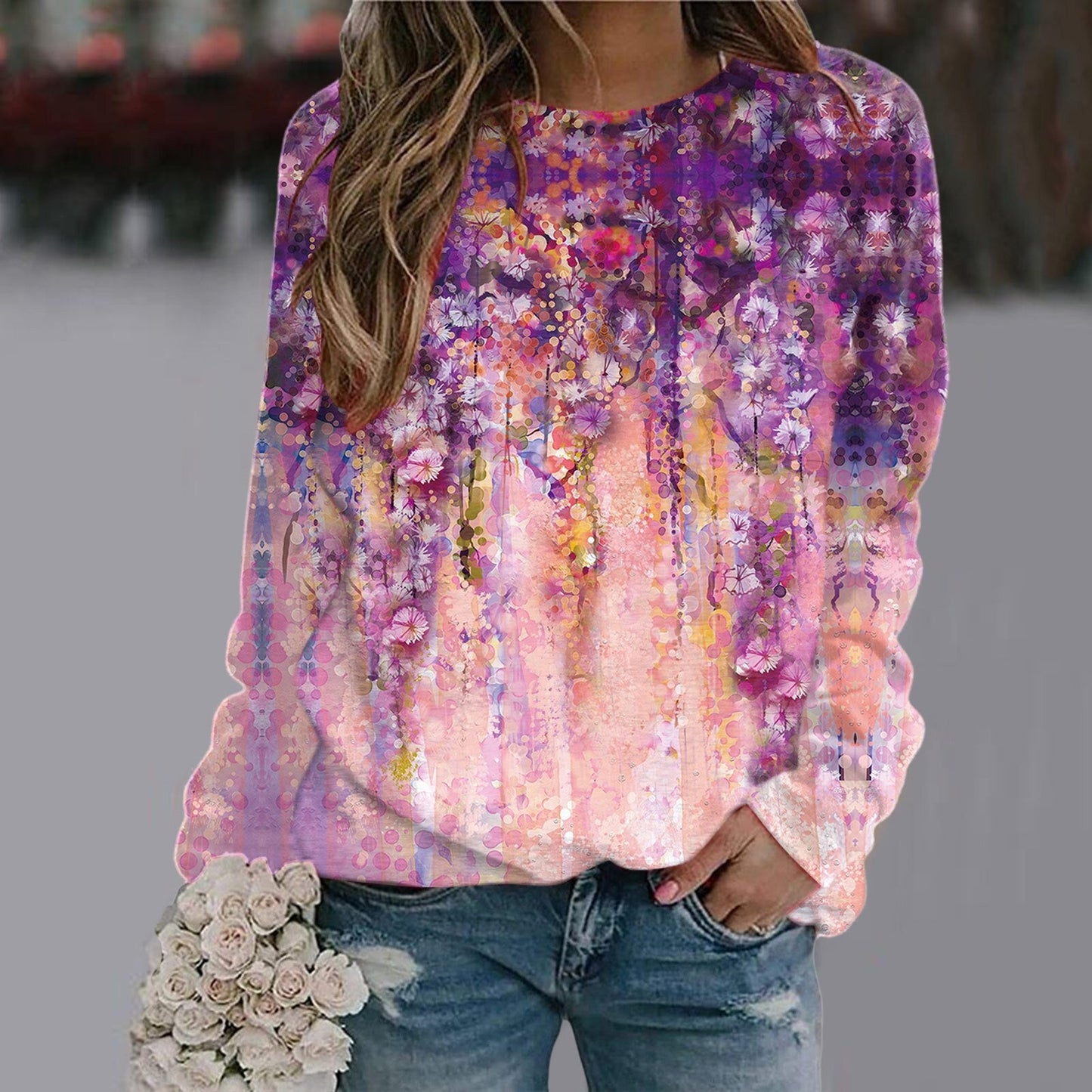 Sequins Butterfly 3d Printed O Neck Long Sleeve Sweatshirt