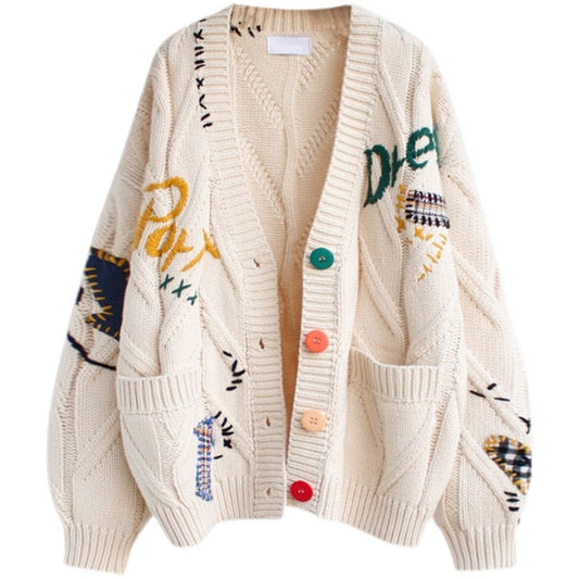 Jacket Loose Pocket Embroidery Fashion Knit Cardigan