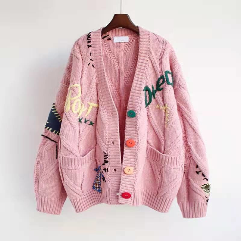 Jacket Loose Pocket Embroidery Fashion Knit Cardigan