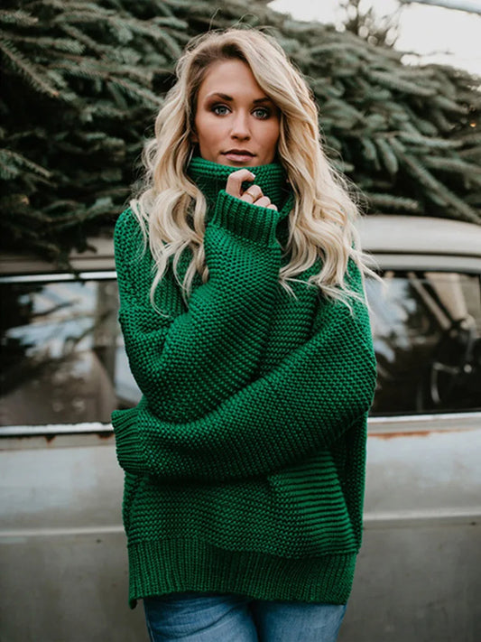 Thick Autumn Winter Green Knitted Oversized TurtleNeck Christmas Sweater