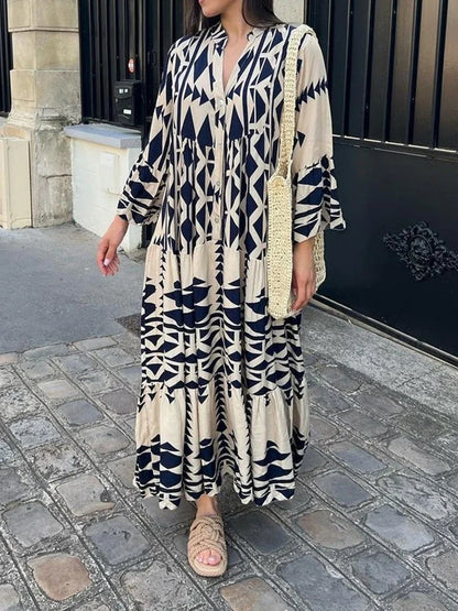 Elegant Geometric V-Neck Autumn Boho Dress