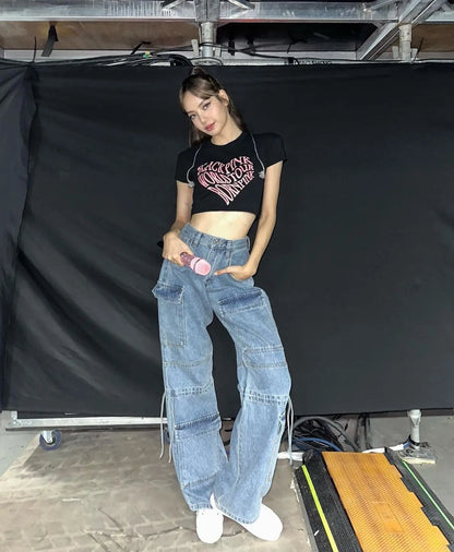 2024 Autumn New Fashionable Women's Cargo European and American Style Retro Y2K Pocket Loose Overalls Jean