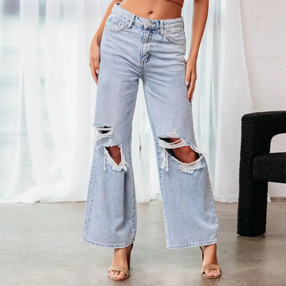 Fall High Waist Ripped New Blue Streetwear Casual Wide Leg Baggy Trendy Fashionable Denim Jean