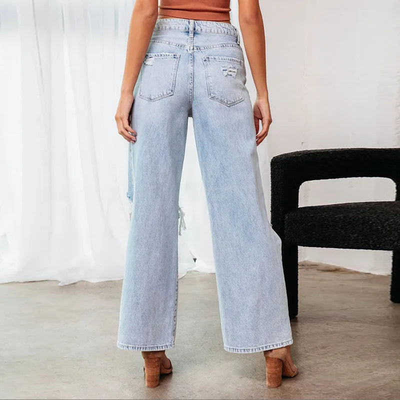 Fall High Waist Ripped New Blue Streetwear Casual Wide Leg Baggy Trendy Fashionable Denim Jean