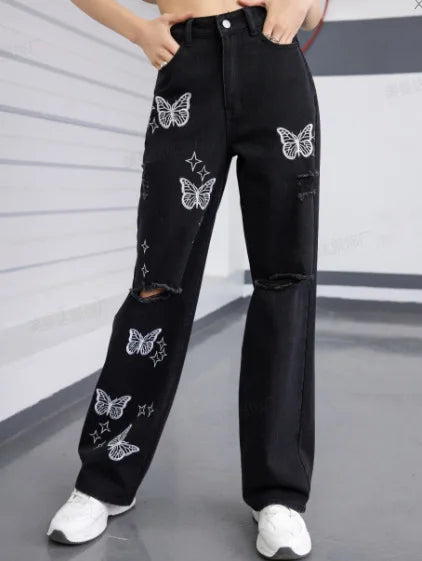 New Butterfly Print Ripped High Waist Loose Straight Cotton Streetwear Jean