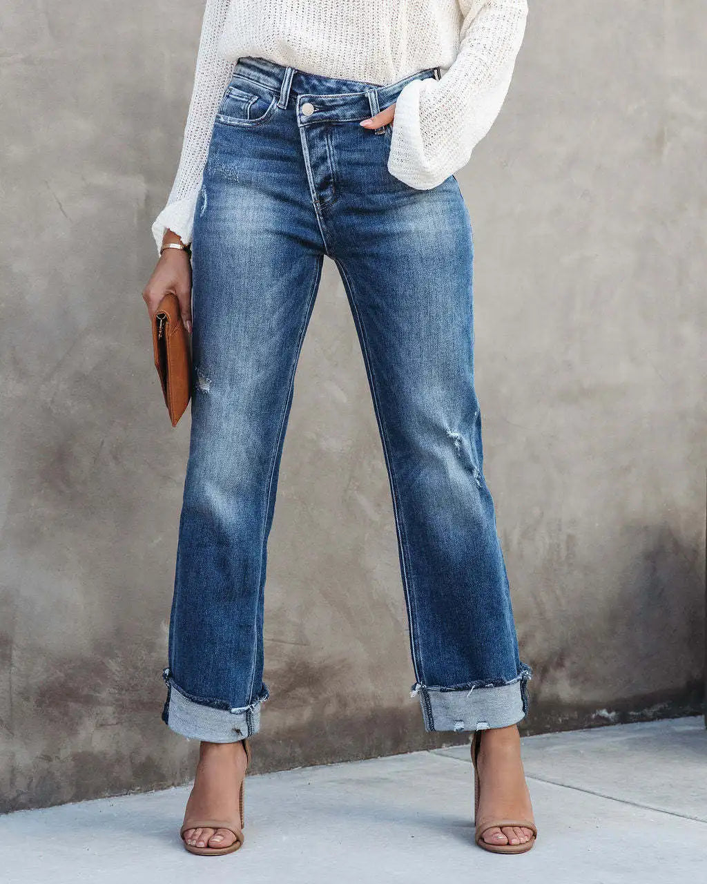 2024 New Casual Loose Women's Wash Button Pockets High Waist Denim Abrade Elegant Jean