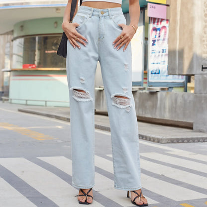 New Loose Retro Casual High Waist Ripped Wide Leg Street Fashionable Female Jean