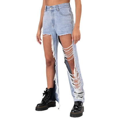 New Personalized Holes Woman Summer Waisted Streetwear Straight Wide Jean