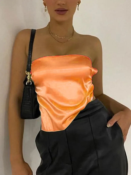 2024 Satin Backless Crop Women Green Summer Cami Bandage Sleeveless Strapless Off Shoulder Tank top