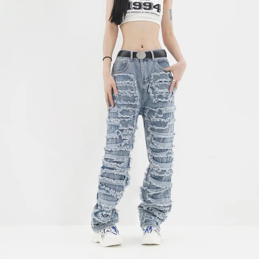 2024 Streetwear Stacked Clothing Y2K Baggy Ripped Hip Hop Straight Vintage Denim Jean Blue / S