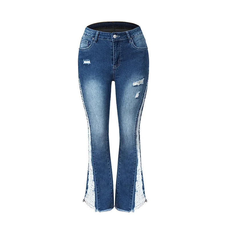 2024 Stretch Women's Fashion Leg Side Hole Flare High Waist Sexy Fringe Ripped Hollow Denim Streetwear Trouser Jean