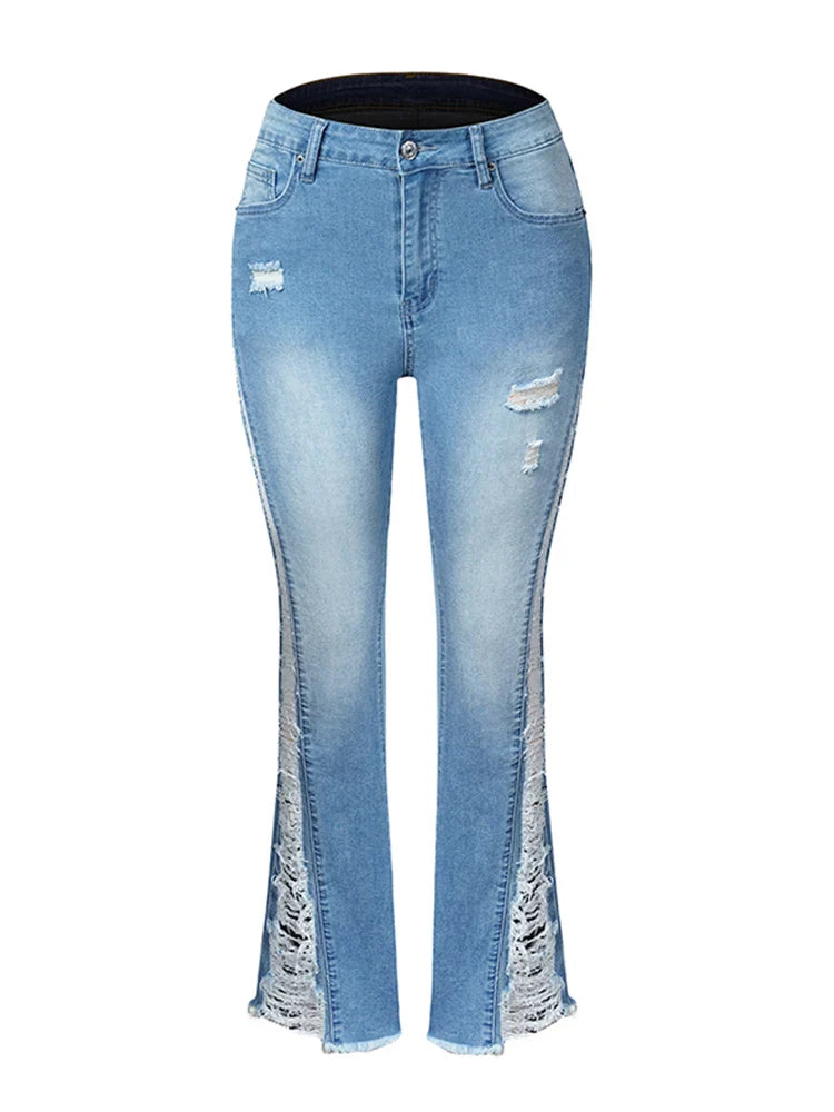 2024 Stretch Women's Fashion Leg Side Hole Flare High Waist Sexy Fringe Ripped Hollow Denim Streetwear Trouser Jean