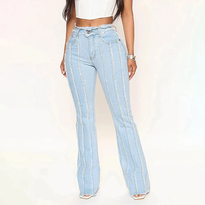 2024 Stretch Women's Vintage Fashion High Waist Flare Women Slim Spliced Bell Bottom Streetwear Wash Denim Jean