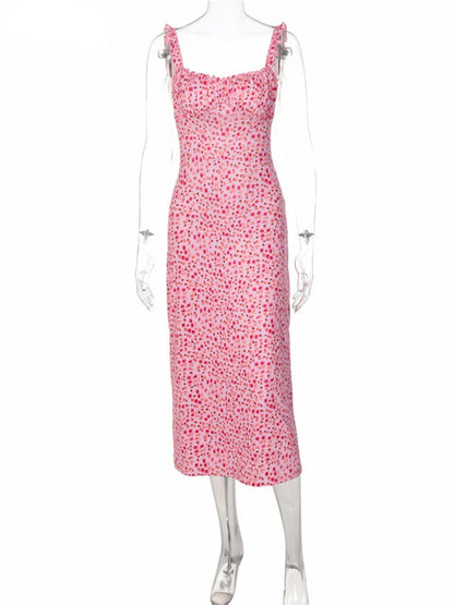 2024 Summer Beach Women's Casual Pink Strap Print Floral Women's Ruched Party Sexy Club Midi Dress