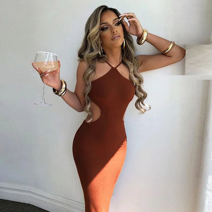 2024 Summer Halter for Women's Sleeveless Backless Club Party Cutout Bandage Midi Dress Clothes Sexy