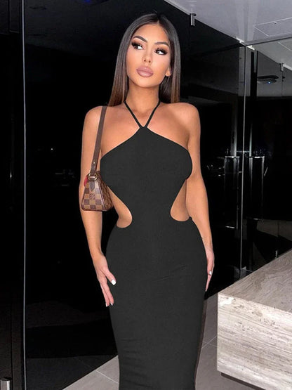 2024 Summer Halter for Women's Sleeveless Backless Club Party Cutout Bandage Midi Dress Clothes Sexy