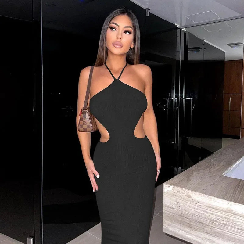 2024 Summer Halter for Women's Sleeveless Backless Club Party Cutout Bandage Midi Dress Clothes Sexy