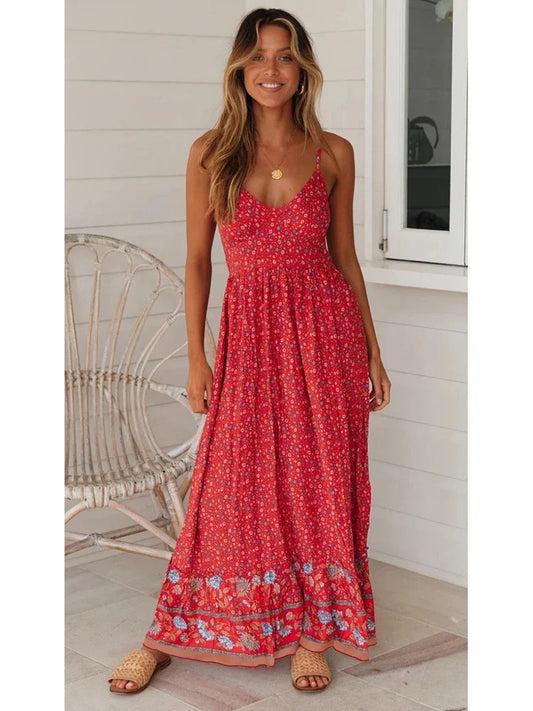 Elegant Floral V-Neck Sleeveless Boho Dress