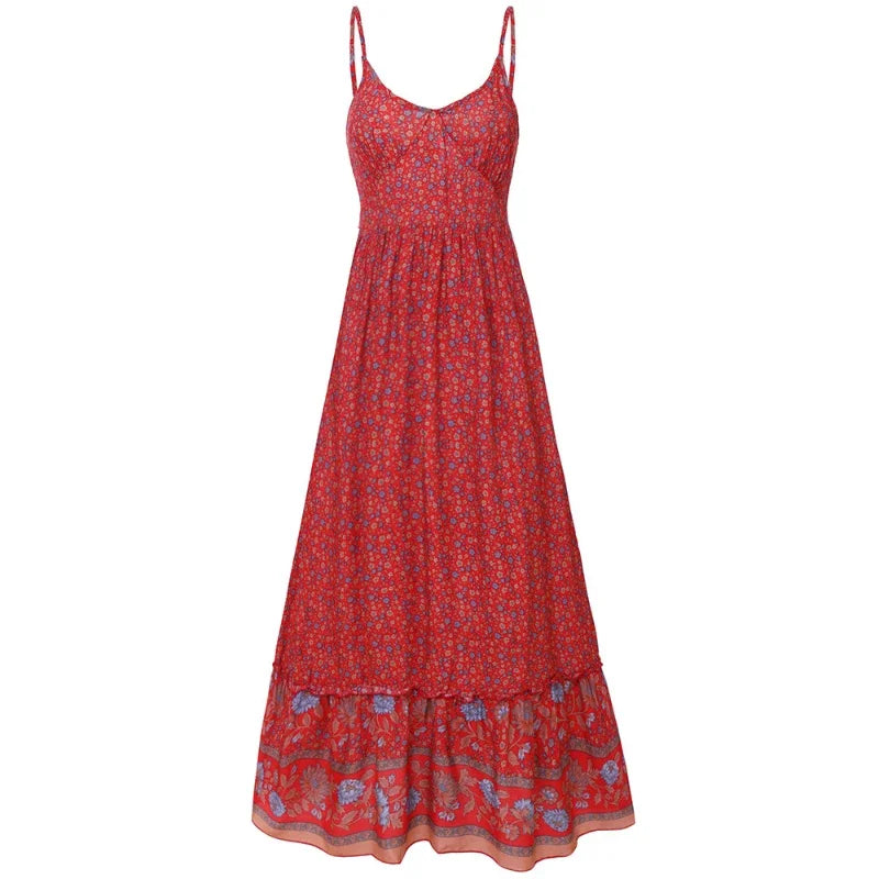 Elegant Floral V-Neck Sleeveless Boho Dress