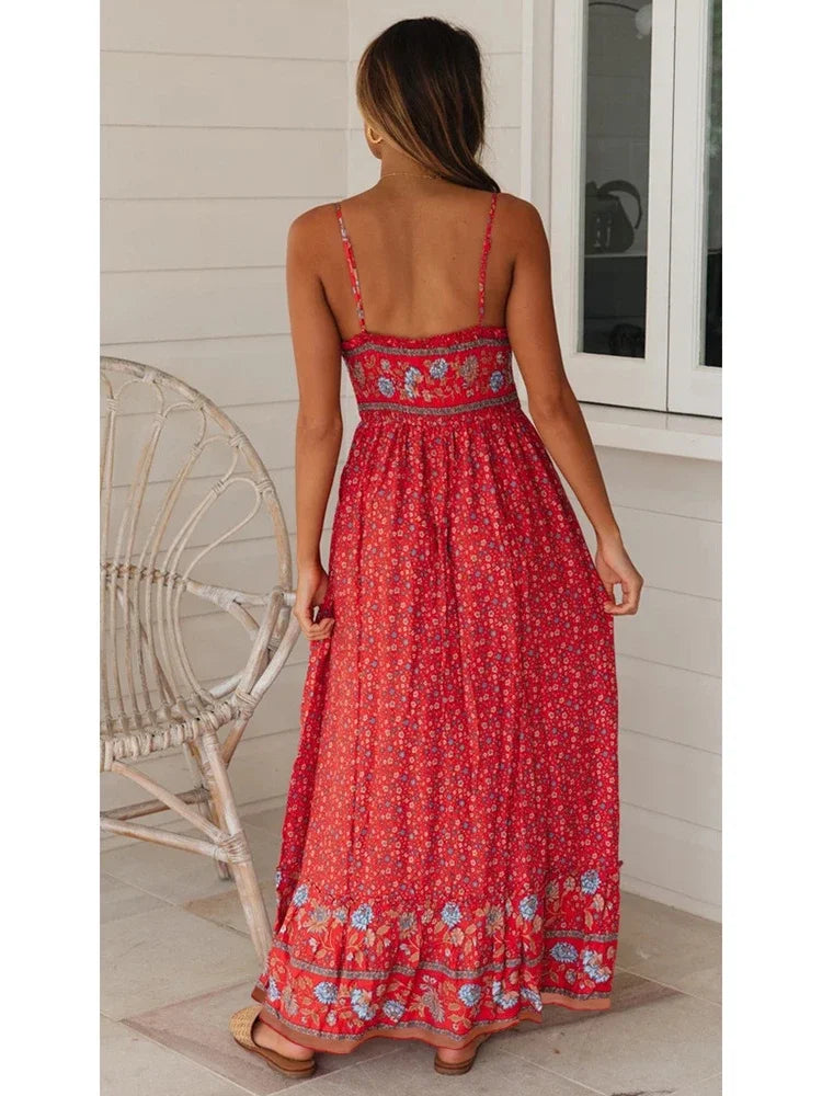 Elegant Floral V-Neck Sleeveless Boho Dress