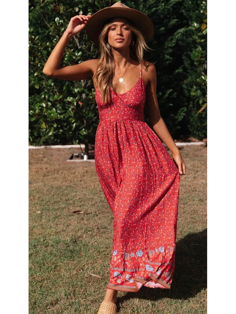 Elegant Floral V-Neck Sleeveless Boho Dress