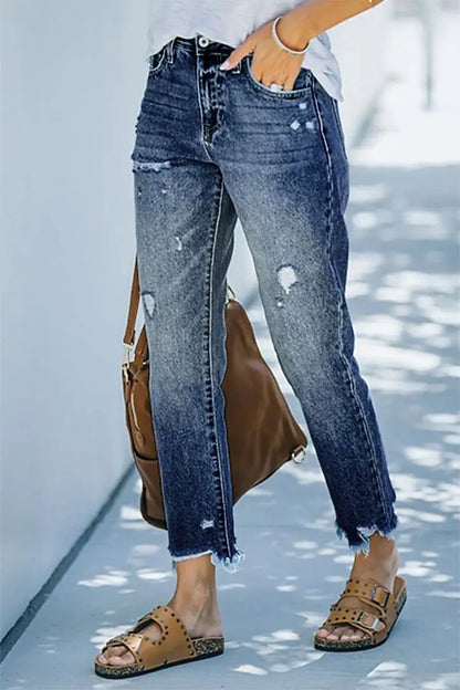 Trendy Casual Blue High Waist Streetwear Ripped Fashion Denim Jean