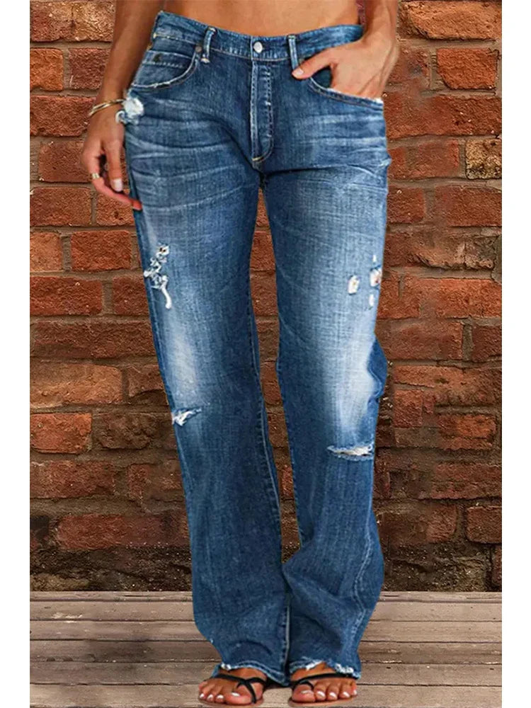 Vintage Middle-Waist Ripped Straight Blue Wide-Leg Denim Jean