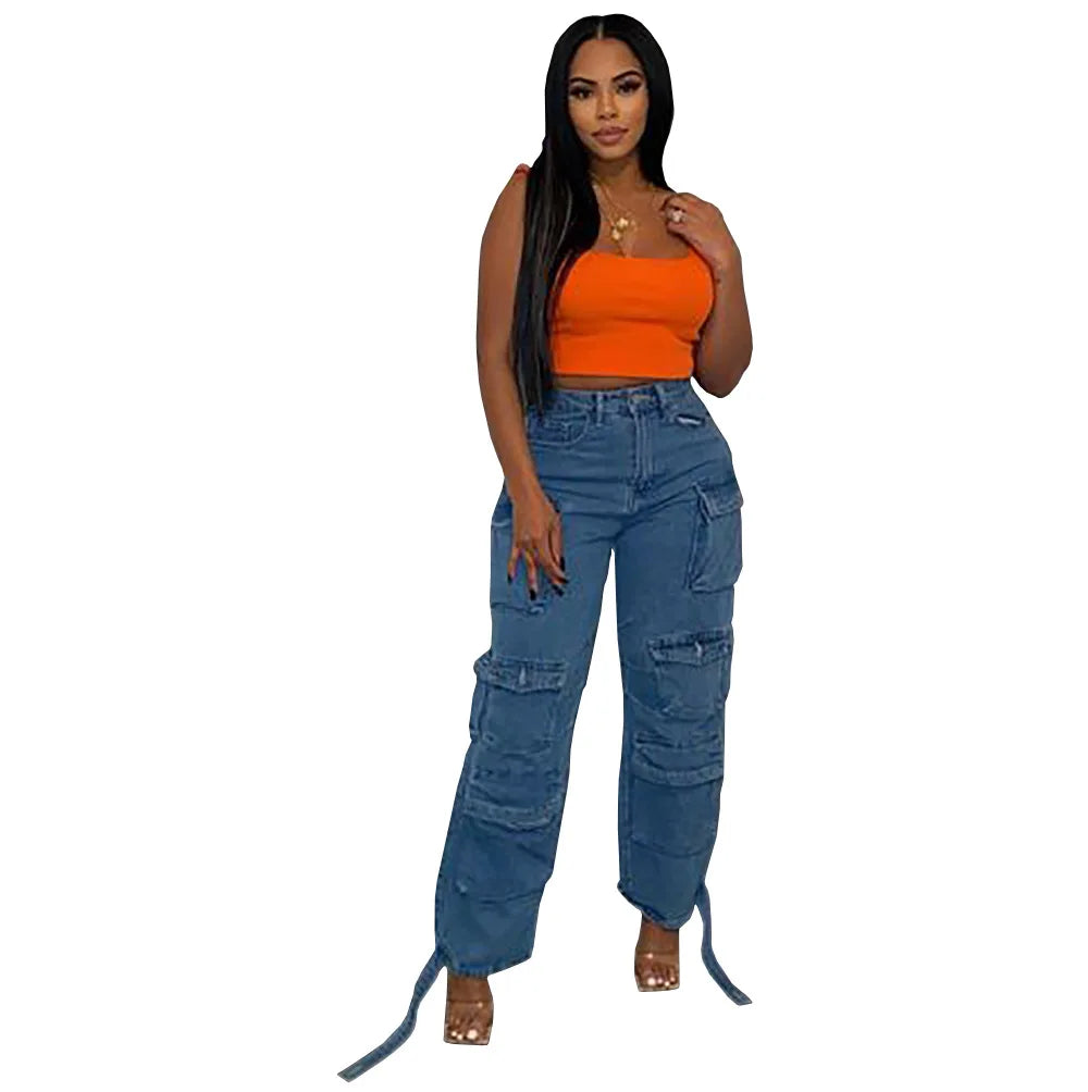 2024 Straight Denim Streetwear Fashion Pocket Front Lace Hem Cargo Wide Leg Jean