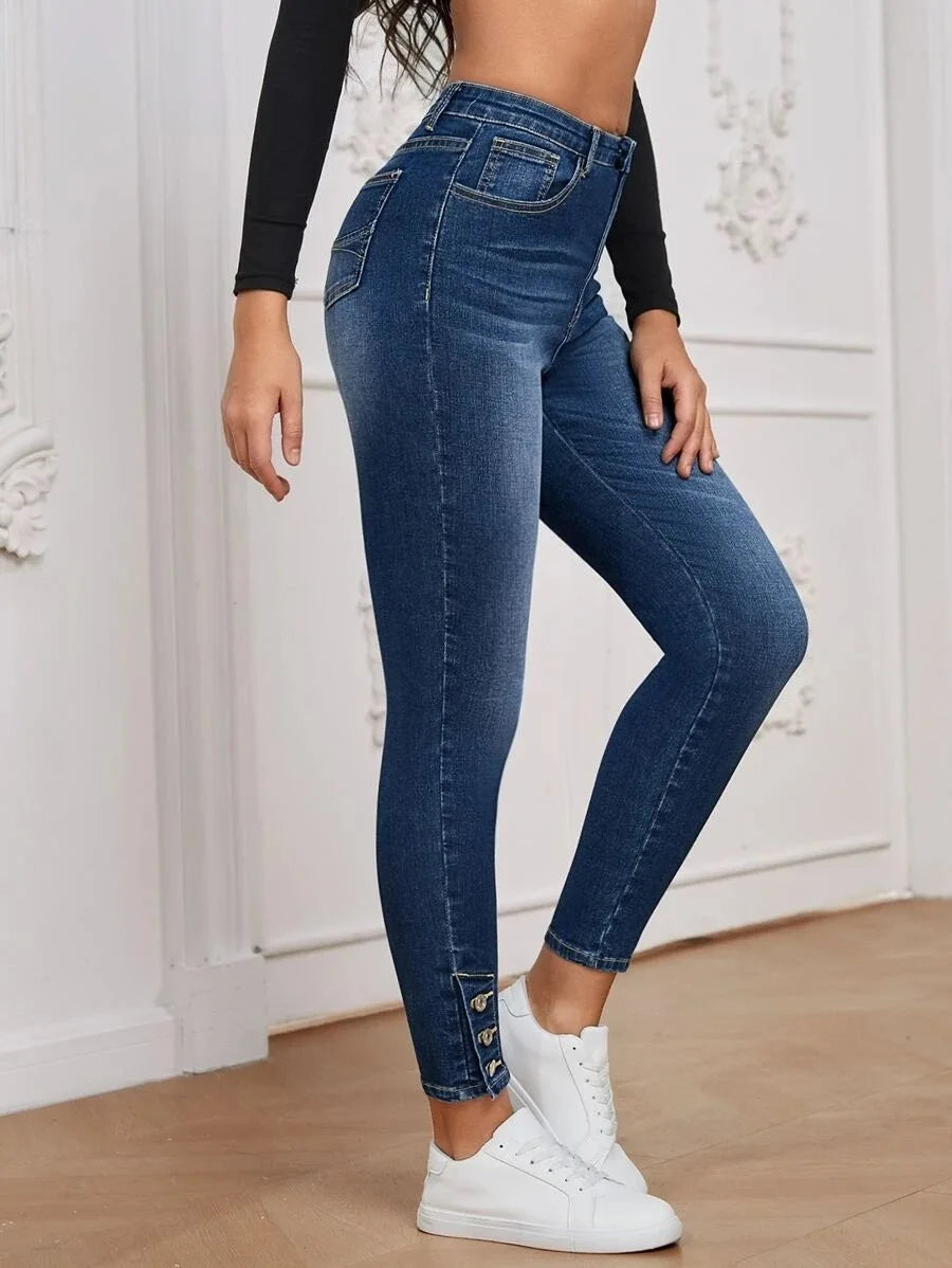 Stretch Skinny Pencil High Waist Slim Large Full Length Distressed Jean