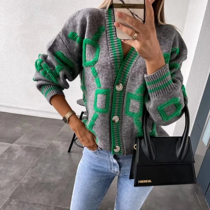 Autumn Winter Casual Loose Long Sleeve Warm Knitted V-Neck Christmas Sweater