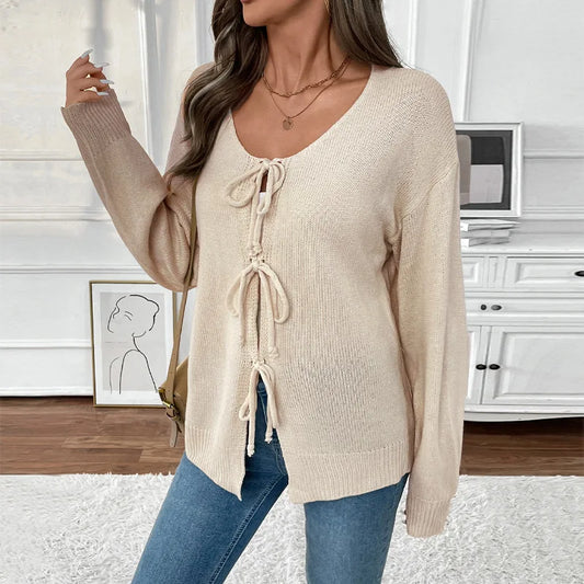 Tie-Up Round Neck Solid Sweater Coat Cardigan