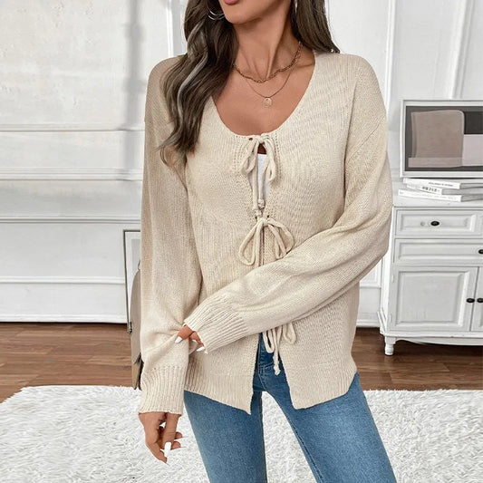 Tie-Up Round Neck Solid Sweater Coat Cardigan