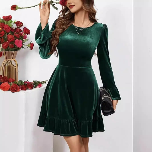 Autumn Winter A-Line Ruffles Elegant Party Golden Velvet Mini Nightdress Christmas Dress Green / S