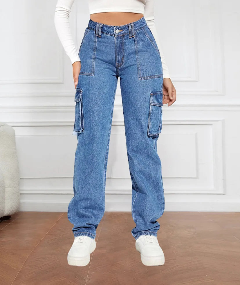 2024 Blue Autumn Cargo Women High Waist Button Pocket Denim Pants High Quality Female Cowboy Jeans