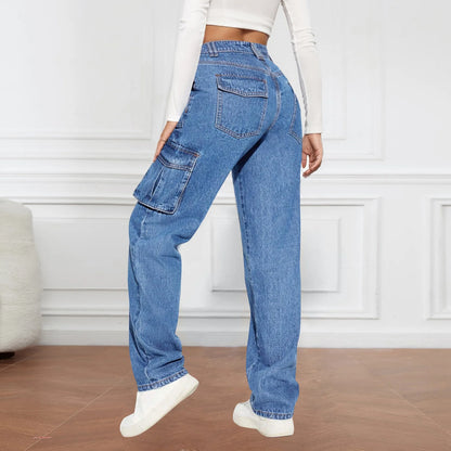 2024 Blue Autumn Cargo Women High Waist Button Pocket Denim Pants High Quality Female Cowboy Jeans